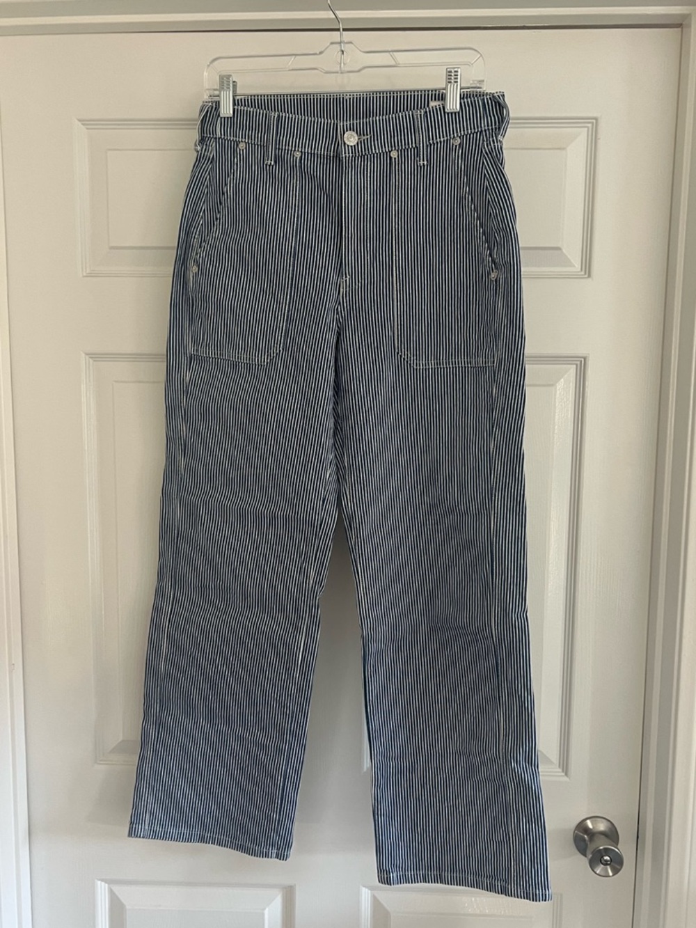 AYR High-Rise Wide-Leg Pinstripe Jeans — Navy and White - Picture 3 of 7